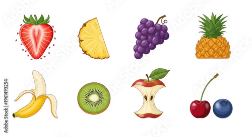 Colorful cartoon fruit collection with strawberry, pineapple, grapes, banana, kiwi, apple core, cherry, and blueberry perfect for healthy food design