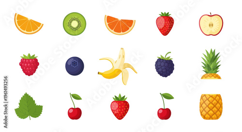 Colorful set of fresh fruits including orange, kiwi, strawberry, apple, raspberry, blueberry, banana, blackberry, pineapple, cherry, and leaf icons, perfect for healthy food designs