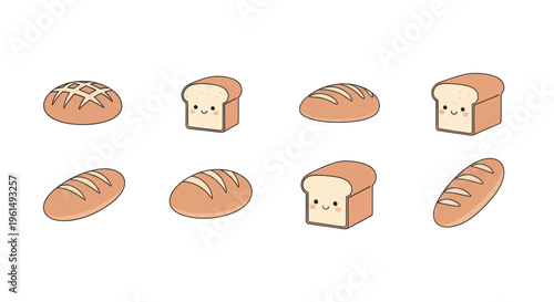 Cute cartoon bread icons set with smiling faces and various loaf shapes, perfect for bakery designs, food blogs, and children's illustrations
