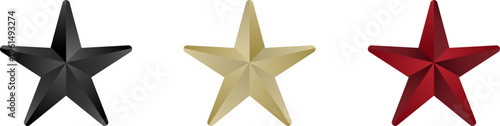 Three dimensional metallic star shapes in distinct colors, textured five pointed stars for ranking and rating