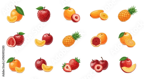 Cute hand-drawn tropical and temperate fruits set including orange, strawberry, pineapple, apple, plum and grapefruit isolated on white, perfect for food design