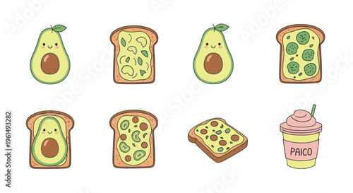 Cute hand-drawn avocado characters and avocado toast illustrations with smoothie cup, perfect for healthy food and lifestyle designs