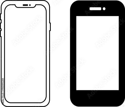 Smartphone mockup with screen and bezel details, mobile phone hardware silhouettes for application presentation, digital cellular device icons in outline and solid