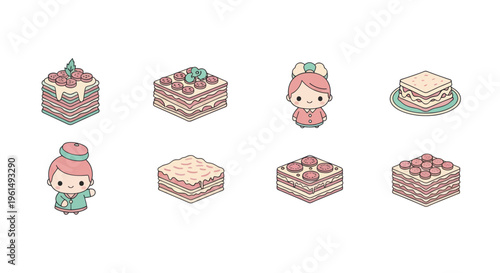 Cute kawaii style illustrations of meat lasagna and female waitresses in pastel colors for food and hospitality design