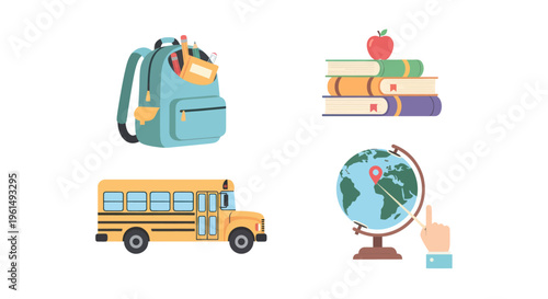 Education icons set with backpack, school bus, books with apple, and globe with pointer, ideal for school and learning concepts