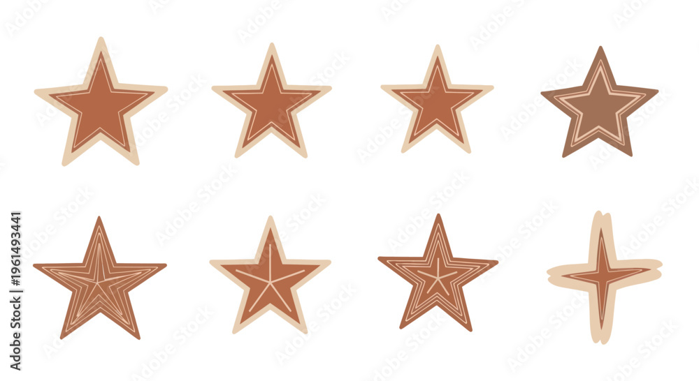 Obraz premium Set of eight brown star shapes with varying line patterns and styles on white background, ideal for graphic design and decoration use
