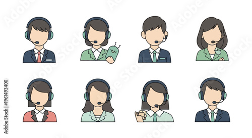 Set of diverse call center customer service representatives with headsets in business attire, suitable for corporate support and communication visuals
