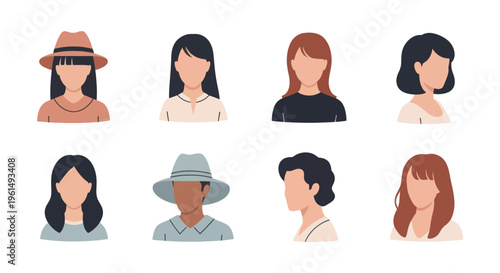 Set of diverse faceless avatar illustrations with different hairstyles, clothing, and hats, ideal for user profiles, social media, and web design