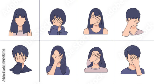 Set of diverse faceless young people covering their faces with a hand in various emotional or thoughtful poses, cartoon vector illustration for mental health or privacy concepts