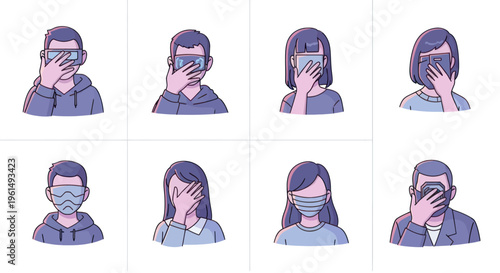 Set of diverse people with face coverings, masks and VR goggles illustrating health, technology, privacy and protection concepts