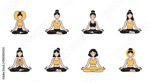 Set of diverse women in yoga meditation poses with different hair styles and outfits, healthy lifestyle concept for wellness and relaxation