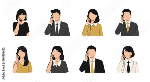 Set of eight faceless business people talking on retro corded phones, customer service and communication concept, office call center illustration