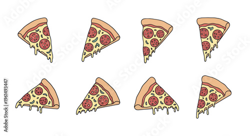 Set of eight hand-drawn pepperoni pizza slices with melting cheese isolated on white background, fun food illustration for menu or social media