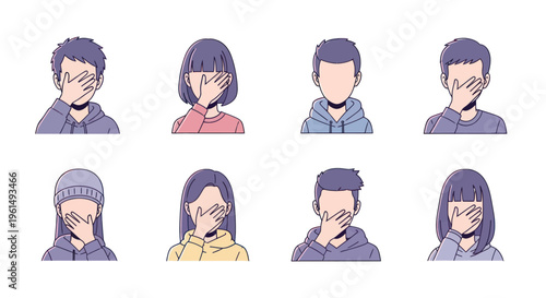 Set of faceless cartoon characters with hand covering face, illustrating emotions like embarrassment, shame, or frustration for expressive content