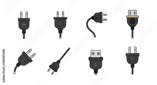 Set of hand-drawn electric plugs and USB connectors illustrations, various types of power and data cables, technology and electronics concept