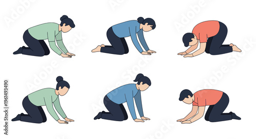 Set of kneeling people in different poses and colors, isolated vector illustration for meditation, yoga, stretching or relaxation concepts