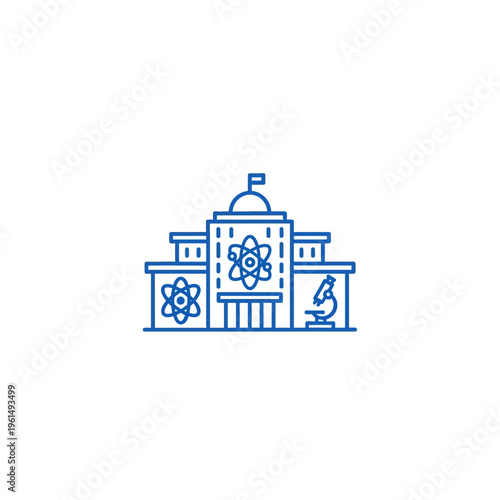 Educational institution building icon representing scientific research, learning, and academic studies with prominent atom and microscope symbols, ideal for STEM and academic concepts