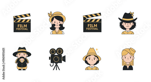 Vintage film festival icons collection with movie clapperboards, camera, and characters in retro hats, perfect for cinema and entertainment design projects
