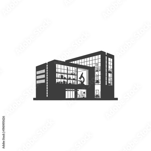 Modern laboratory building with clear glass walls and scientific equipment, representing innovation and research in science