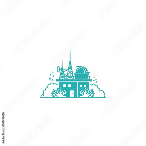 Minimalist illustration of an astronomical observatory with communication towers and surrounding foliage on a white background
