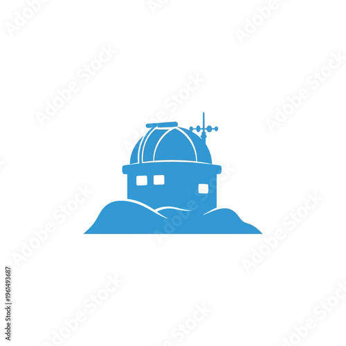 Sleek blue silhouette of a modern observatory, depicting a scientific research station with a prominent dome and communication equipment for cosmic exploration