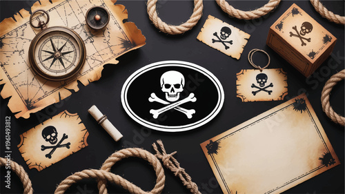 Pirate adventure flat lay with skull, compass, old map, and rope