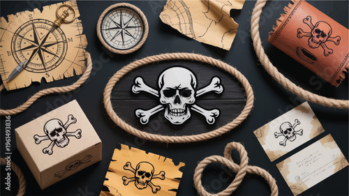 Pirate themed flat lay with skull and crossbones, compass, and map