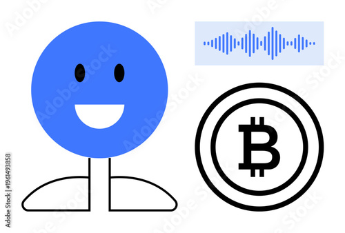 Cryptocurrency concept. Visual ion of cryptocurrency with Bitcoin symbol alongside digital elements highlighting audio communication. Cryptocurrency for blockchain, digital transactions, fintech