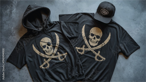 Gold skull and crossbones pirate flag design on black hoodie and t-shirt with baseball cap with t shirt