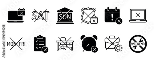 Set of black glyph icons representing cancellation, unavailability, and days off from work, including crossed-out calendars, laptops, and weekend symbols in a minimalist style