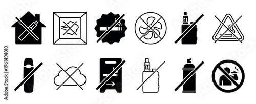 Collection of black prohibition icons and warning signs for no smoking and no vaping rules, featuring electronic cigarettes, vapor, and aerosol restrictions in a simple vector graphic style