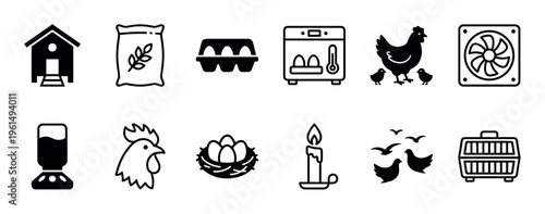 Poultry farming and chicken raising icon set with minimalist black glyphs of a coop, incubator, eggs, hen, rooster, and other agricultural equipment symbols for livestock