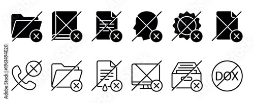 Black deletion and error icon set featuring minimalist glyph and line art symbols for unavailable files, folders, calls, and user profiles for UI and UX design elements