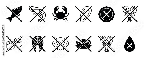Collection of black and white food allergy icons depicting various seafood and nut products with prohibition signs, presented in a clean, minimalist graphic style