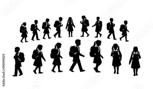 School children silhouettes walking with backpacks vector icon set isolated