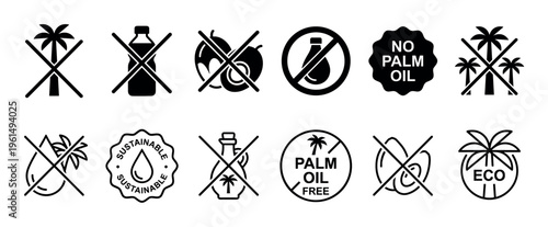 Comprehensive collection of black and white palm oil free and sustainable product icons are displayed in a grid pattern, featuring various symbols and text warnings
