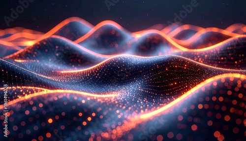 Dynamic abstract digital landscape featuring undulating waves of glowing particles, representing data flow, technological networks, and vibrant energetic connections