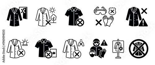 Various black and white safety and clothing icons illustrate workplace regulations, showing prohibited lab coats, restricted shirts, and required personal protective equipment with warning signs