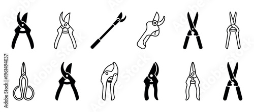 Twelve distinct black and outline pruning shears icons are neatly arranged, showcasing various garden cutting tools in a minimalist graphic style