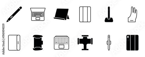 Collection of digital device accessory icons, featuring various tech gadgets and peripherals in a minimalist black and white style, representing modern technology