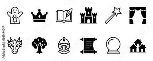 Collection of twelve black and white fantasy icons representing fairy tales, magic, and medieval stories, presented in a clean, solid glyph style