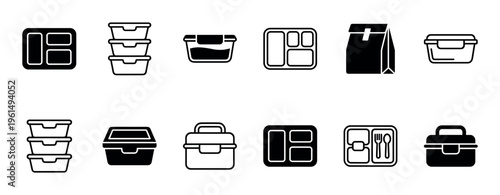 This collection of diverse lunchbox and food container icons showcases various designs for meal preparation and storage, presented in a clean, modern, black and white graphic style