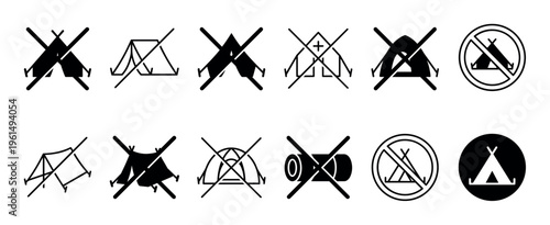 Collection of black and white camping prohibition icons, featuring various tent and outdoor activity symbols with crossed-out lines, clearly indicating restricted areas and forbidden actions