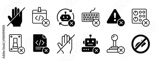 Collection of twelve black and white forbidden icons clearly illustrating various digital restrictions, errors, and denied actions with a modern, clean flat design