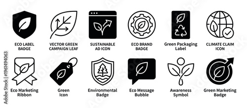 Collection of eleven distinct eco-friendly sustainability icons, rendered in a clean black and white style, representing various environmental concepts