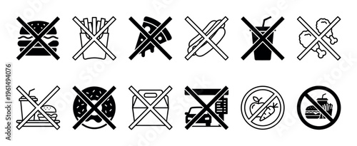Various black and white prohibition icons illustrate a collection of restricted fast food and unhealthy eating options, presented in a clear, graphic style