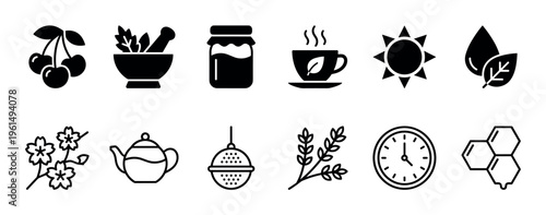 Twelve black and white nature-themed vector icons are neatly arranged, depicting various elements like fruits, herbs, tea, and natural concepts in a clean, minimalist style