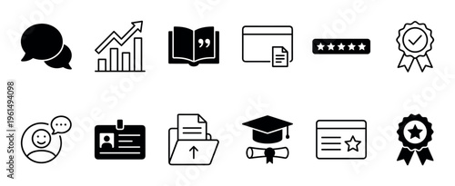 Comprehensive collection of diverse black line icons depicting concepts of communication, business growth, education, document management, ratings, and achievement in a clean, modern graphic style