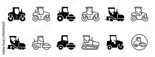 Set of road roller vector icons with different construction vehicle designs, including steamrollers and compactors, presented in both glyph and line art styles