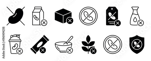 Collection of black soy-free icons in line and glyph styles representing dietary restrictions for food packaging and labels, including milk, sauce, and plant-based products